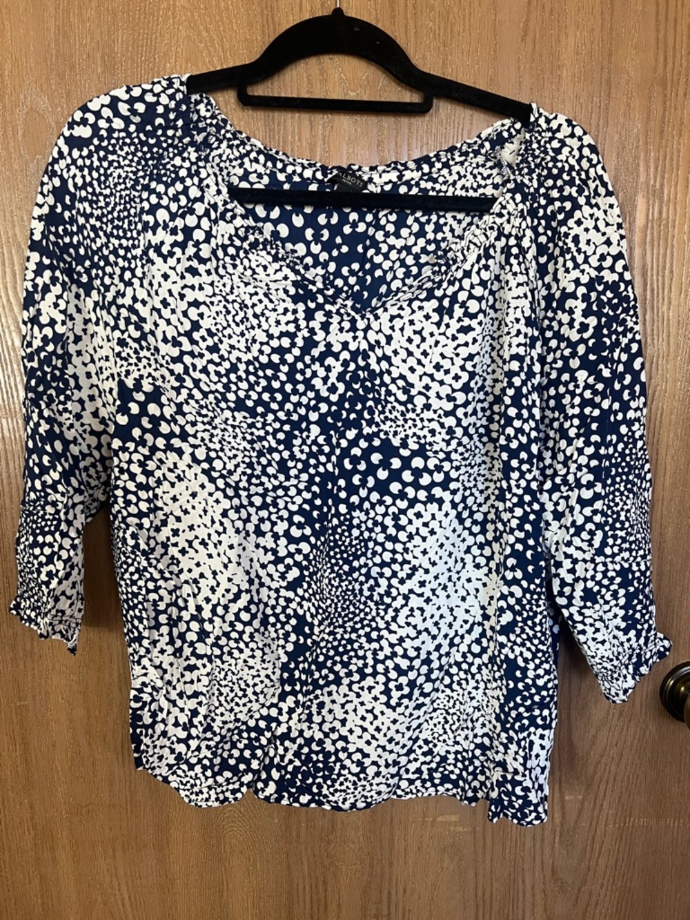 Talbots Navy and White Print Peasant Blouse